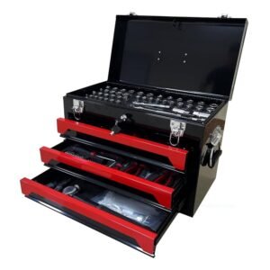 20" Portable 3-Drawer Steel Toolbox with Top Storage Tray - Multi-Function Tool Organizer for Garage, Home, or Workbench - Black & Red