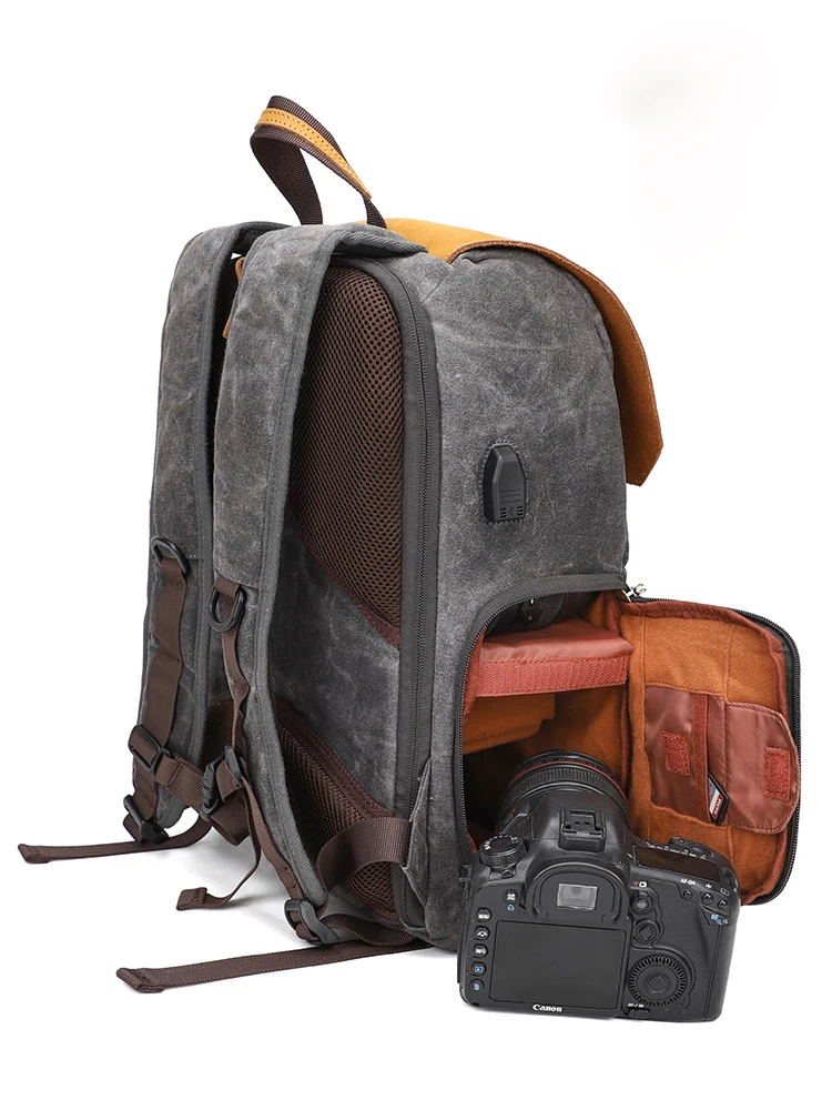 Outdoor Digital Gear Camera Travel Bags Waxed Canvas Back Pack Photography Backpack With 15.6 Laptop Compartment - 图片 5
