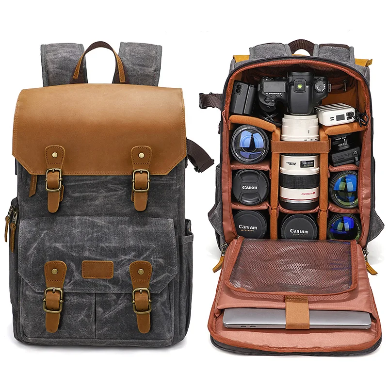 Outdoor Digital Gear Camera Travel Bags Waxed Canvas Back Pack Photography Backpack With 15.6 Laptop Compartment