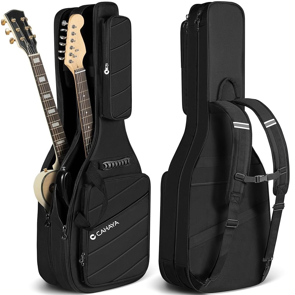 CAHAYA Dual Electric Guitar Gig Bag - Padded for 2 Guitars, Fits ST, TELE & LP - Black Backpack with Adjustable Straps CY00378-1